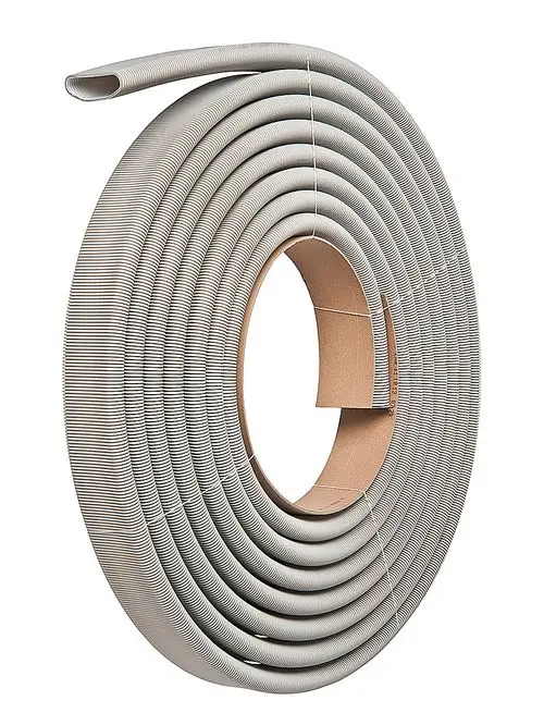 Grauer flexibler Schlauch, aufgerollt, mit Rillen. Geeignet für Luftführungssysteme. Produkte von Fränkische sind bekannt für ihre Qualität in der HVAC-Branche.
